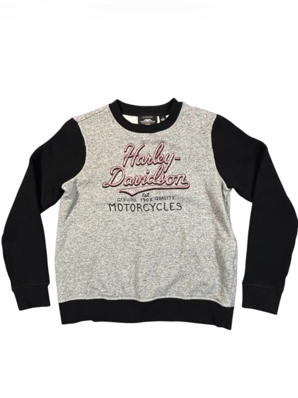 Harley Davidson Womens M Sweatshirt Gray Black Script Logo Crewneck Colorblock
